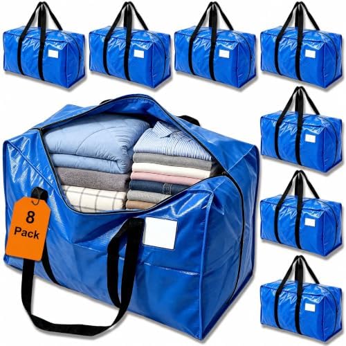 24 GAL Heavy Duty Moving Bags Blue 8 Pack - Backpack Straps & Handles, Large Zipper Storage Bags for Clothes, Water-Resistant College Dorm & Moving Essentials by JVLJVL