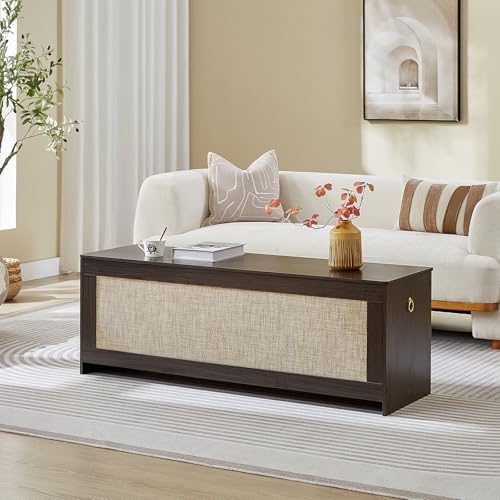51.2"Storage Chest large,wooden rattan storage bench,Obsidian Black by ZenFang