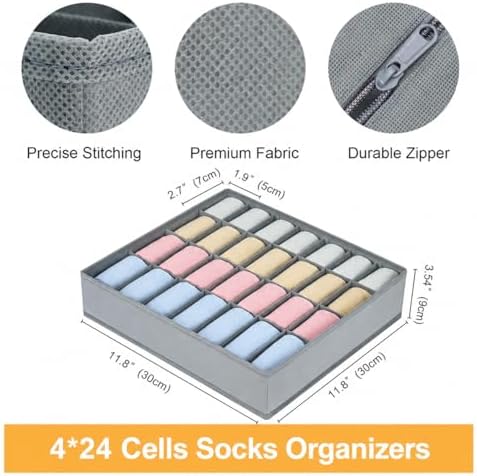 Sock Organizer 4 Pack, 24 Cell Underwear Organizer Foldable Underwear Storage, Sock and Underwear Drawer Organizer for Socks Ties Underwear Belts. (Grey) - Image 2