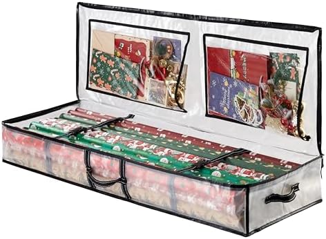 VENO Clear Wrapping Paper Organizer Storage Box for Christmas Gift Bags and Holiday Accessories, Underbed Storage Container with Interior Pockets, 40 Inches Long Fits 24 Rolls by Veno