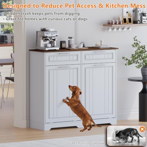 Double 10 Gallon Tilt Out Trash Can Cabinet with Deodorizing Function and Power Outlet, Wooden Hidden Garbage Can Holder with 2 Storage Drawers for Kitchen, Laundry Hamper Cabinet for Bathroom, White - Image 4