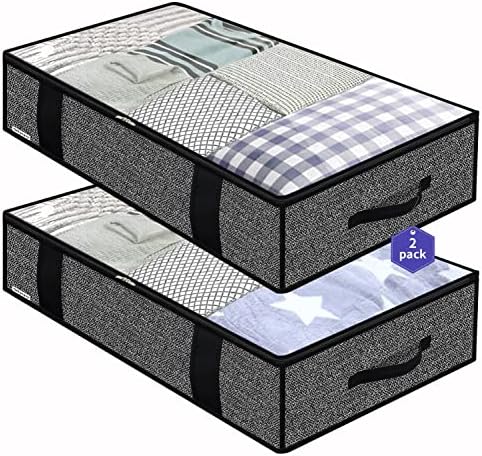 Onlyeasy Foldable Underbed Bags - 2 Pack Blankets Clothes Comforters Storage Bag Breathable Zippered Organizer for Bedroom with Clear Window and 4 Handles, 100 x50 x15cm, Linen-Like Black, MXAUBBP2 by Onlyeasy