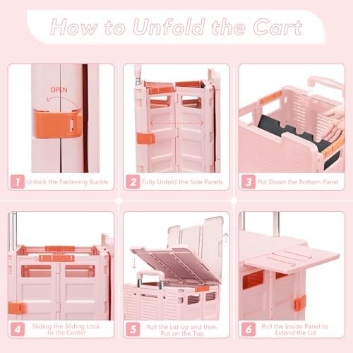 Foldable Utility Cart Rolling Crate Handcart Shopping Cart with Rotate Wheels Extended Magnetic Lid Telescoping Handle Adjustable Angle for Transports Groceries Office Teacher File(Pink) - Image 5