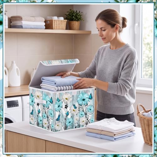 Briwooody Blue Daisy Storage Bin with Lid and Carrying Handle Floral Butterfly Foldable Storage Box Large Farmhouse Decorative Collapsible Container Basket for Organizing Closet Home Bedroom Gift - Image 4