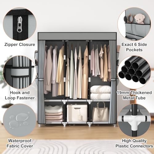 VTRIN Portable Closet Wardrobe for Hanging Clothes Closet with Cover, 3 Hanging rods, 6 Storage Shelves and Side Pocket, Diameter 19mm Metal Pipe, Sturdy Free Standing Closet for Bedroom - Image 4
