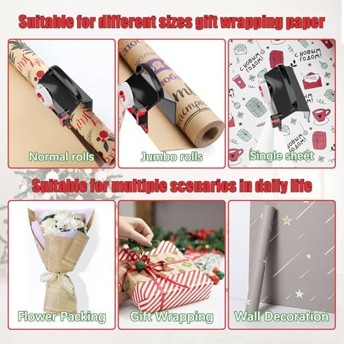 2-Pack Wrapping Paper Cutter & Tape Dispenser for Christmas Gift, Improve Gift Packaging Efficiency, Makes the Cutting line straighter, Cutting Tool with 4 Tapes，2 Replace Blades Kit, Red and Black - Image 5