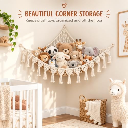 Abby Baby Extra Large Stuffed Animal Hammock with LED Lights 100% Natural Cotton Macrame Toy Storage Net for Plushies & Squishmallows Boho Macrame Corner Organizer for Kids’ Room or Nursery (Beige) - Image 4