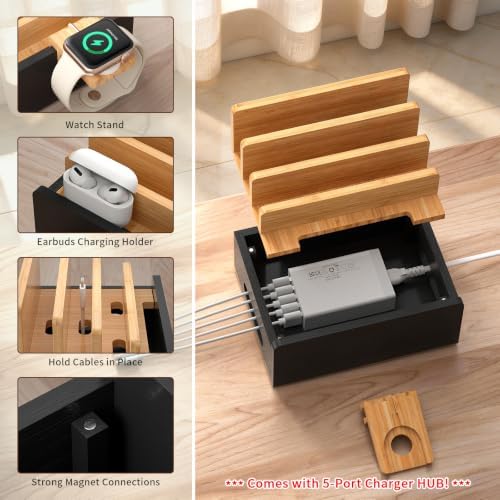 Pezin & Hulin Bamboo Charging Station with USB Charger&Cables-Natural+Black - Image 3