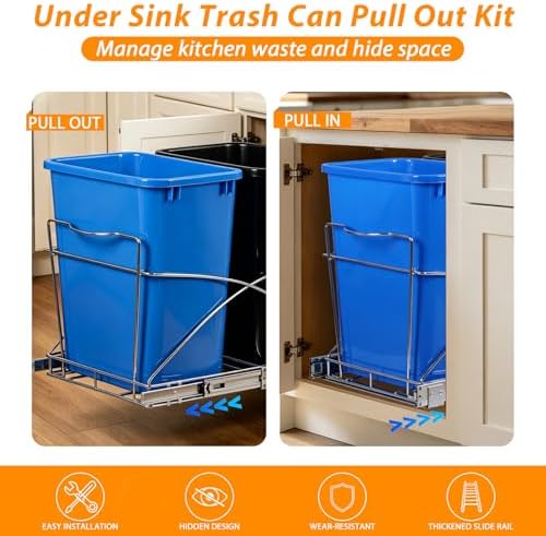 SUPER DEAL Double Pull Out Trash Can for Kitchen Cabinets 35-Quart Under Sink Garbage Sliding Waste and Recycling Bins with Chrome Wire Bottom Mount, 44 lbs Load Capacity, Black & Blue - Image 2