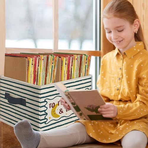 to the Moon and Back Kids Nursery Foldable Storage Bins Box with Handles, Retro Blue Striped Playroom Collapsible Toys Books Clothes Organizer Basket for Kids Nursery Room Bedroom Bathroom - Image 5