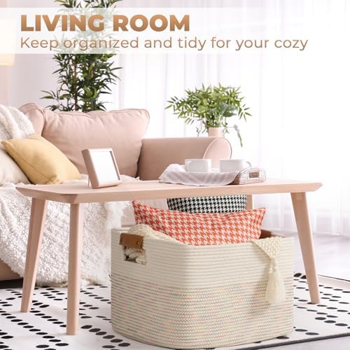 danpinera 108L Large Basket for Living Room, Boho Decorative Basket Organizing with Handles, Cotton Rope Storage for Toys, Pillows, Clothes, 25’’*16’’*16’’ Rainbow - Image 4