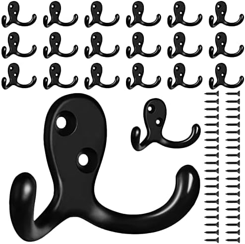 20 Pack Coat Hooks Wall Hooks for Hanging, Heavy Duty Double Prong Metal Hook Wall Mounted for Living Room, Bathroom, Kitchen, Bedroom for Coat, Bag, Scarf, Towel, Hat, Key, Cup (Black) by CBWLWJ