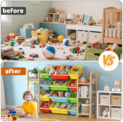 Large Toy Storage Organizer Kids Toy Organizer and Bookshelf Combo with 12 Bins and 6 Shelves Toy Organization Box Toy Shelf for Playroom, Bedroom, Nursery - Image 5