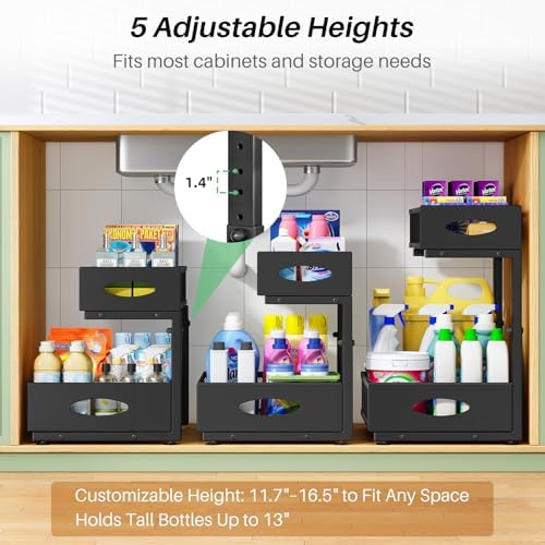 Under Sink Organizer, 2-Pack Pull Out Cabinet Organizer 2 Tier Metal Slide Out Storage Shelf Rack, L-Shaped Adjustable Height,Mesh Sliding Drawer for Kitchen, Bathroom, Laundry, Pantry, Black, XL - Image 5