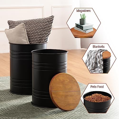 Glitzhome Rustic End Table Set of 2, Farmhouse Galvanized Metal Barrel Ottoman Storage Stool with Round Wood Lid for Living Room Furniture, Black - Image 5