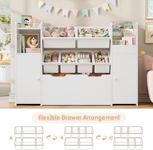 2 Pcs 55''W Storage Cabinet with Large Chest, Montessori Bookshelf, White - Image 5