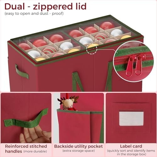 Large Christmas Ornament Storage Box, Dual Zippers, Stackable Christmas Storage Container with Clear Top Lid, 6 Trays, 600D Oxford, Fits 54-4”, Red - Image 6