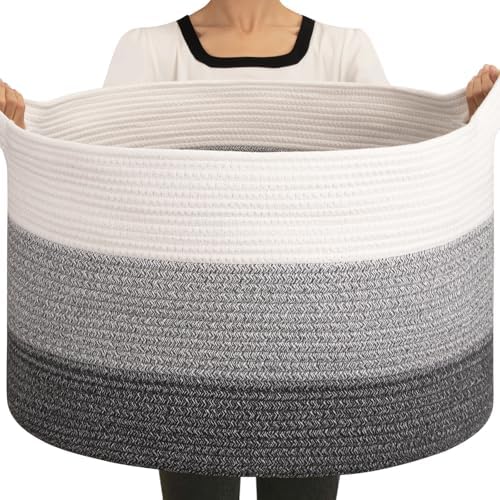 OIAHOMY 90L Extra Large Blanket Basket - Decorative Cotton Rope Storage Basket for Bedroom, Living Room & Nursery - Woven Laundry Hamper for Organizing Blankets, Clothes & Toys - Gradient Grey by MasterofSpaceOptimization