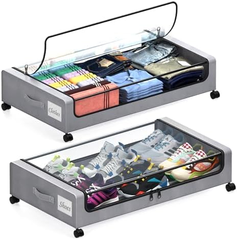 Under Bed Storage with Wheels, 2 Pack Under Bed Storage Containers with Clear Lids, XXL 65L Under Bed Storage Organizer, Rolling Under Bed Metal Drawer for Blanket, Clothes, Shoes (31 x 17 x 6.69 in) by Unknown