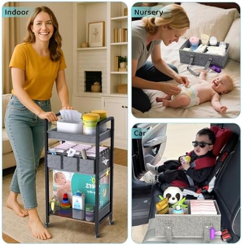 2IN1 Baby Diaper Caddy Organizer-3 Tier Rolling Storage Cart with Dividers - Bedside Diaper Caddy Cart for Baby Nursery Newborn Essentials-Mobile Utility Carts with Wheels for Changing Table - Image 4