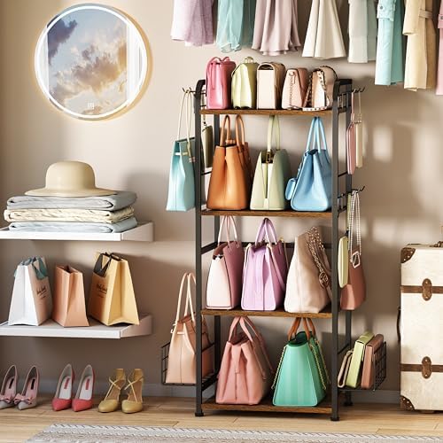 koozuuyk 4-Tier Purse Organizer for Closet with 3 Side Hooks and 2 Baskets, High Capacity Purse Rack Stand for Purse Storage, Metal & Wood Handbag Holder for Handbag Organizer, Patent Pending - Image 6