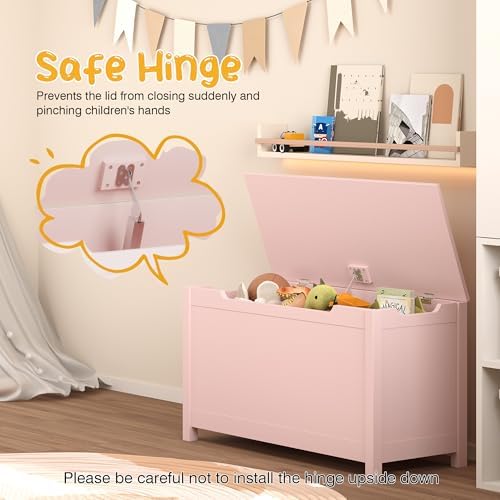 Kids Toy Box Chest, Large Wooden Storage Trunk Bench with Safety Hinged Lid for Ages 3+ Pink - Image 5