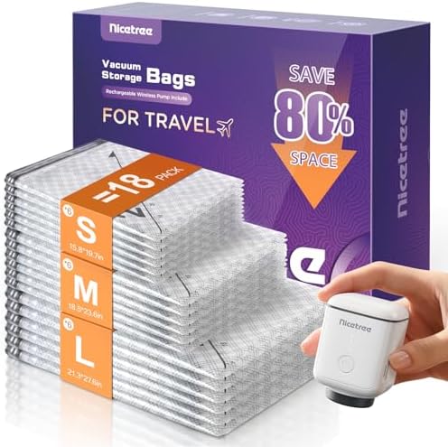 Nicetree 18 Pack Vacuum Storage Bags for Travel with Rechargeable Pump by Nicetree