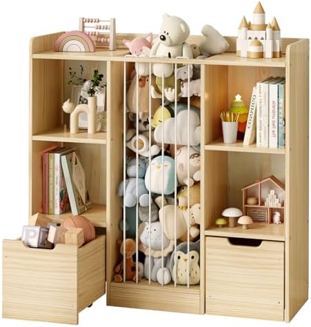 Toy Storage Organizer with Stuffed Animal Storage, Solid Pine Wooden Toy Organizer & Stuffed Animal Zoo, 4 Cubes Shelf with 2 Movable Drawers, 4 -in-1 Book Shelf for Kids Room, Playroom, Nursery by EXPERLAM