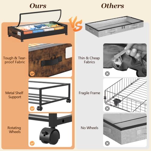 Yecaye Under Bed Storage with Wheels, 2 Pack Brown Large Lapacity Rolling UnderBed Drawers for Clothes, Blankets - Image 3