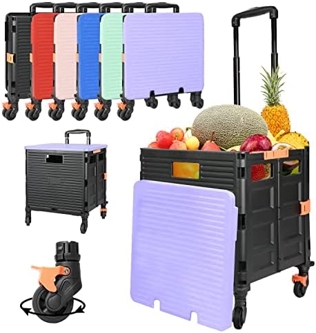 Foldable Utility Cart Portable Rolling Crate Handcart Shopping Trolley Collapsible Tool Box with Rotate Wheels Durable Duty Plastic Telescoping Handle Lid for Travel Move Office School(Purple) by SELORSS