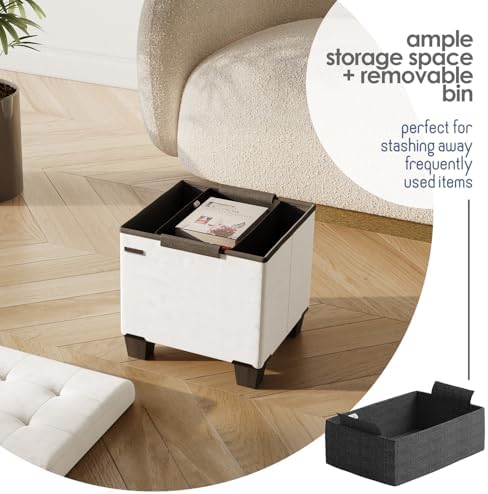 Storage Ottoman Cube with Small Bin, 15-in Square Ottoman with Storage for Living Room and Bedroom, Small Ottomans Foot Rest, Velvet Foot Stools Ottomans Max 330lbs, Cream - Image 4
