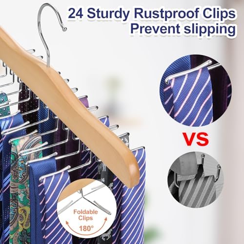 TOPIA HANGER Tie Rack Hanger for Closet 2 Packs, Wooden Tie Organizer for Men with 24 Folding Hooks, Space Saving Necktie Holder for Storage and Display Bra, Tank Top, Camisole (Natural) - CT14N-2 - Image 2