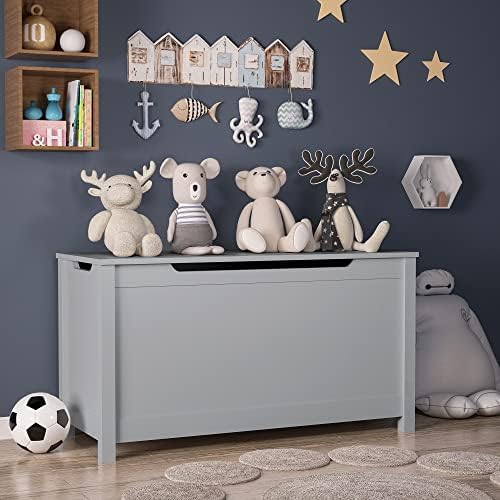 Kids Toy Box Chest, Large Wooden Storage Trunk Bench with Safety Hinged Lid for Ages 3+, Grey - Image 3