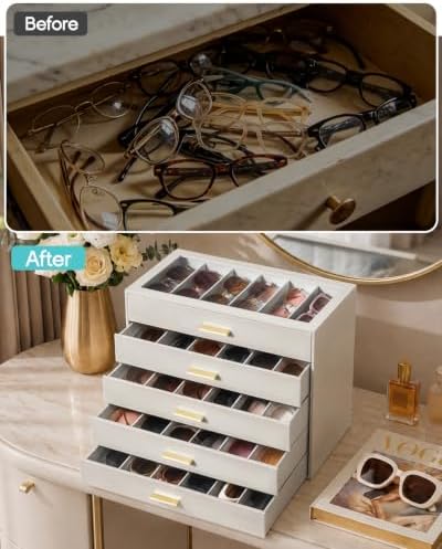 VLANDO 30-Slot Sunglasses Organizer Case with Clear Lid & 5 Drawers,Beige - Image 5