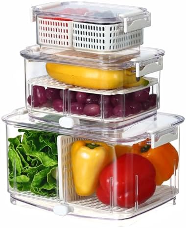 Felli Duo Fresh Produce Saver for Fridge, Fruit Vegetable Container with Vent & Drainage in Bottom for Wash, Colander Strainer Storage Bin for Refrigerator, Berry Lettuce Keeper by Felli