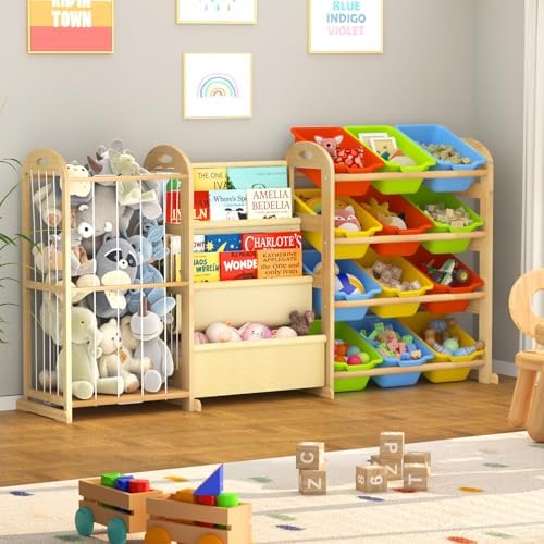 3-in-1 Toy Storage Organizer with Bookshelf, 12 Bins & Kids Plush Storage - Image 5