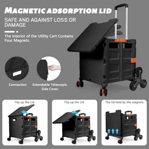 Foldable Utility Cart Collapsible Portable Crate Rolling Carts with Stair Climbing Wheels Tote Basket with Magnetic Lid Telescopic Cover Wear-Resistant 360°Rotate Wheel Noiseless for Shopping Office - Image 2