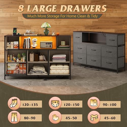 WLIVE LED Dresser TV Stand for 55 Inch TV, 8 Fabric Drawers, Grey Dresser - Image 4