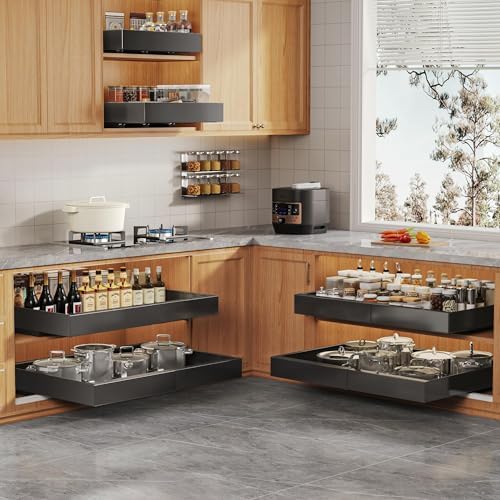 Seinloes 2 Pack Expandable Pull Out Cabinet Organizer 21"Deep With Raising Pad for Framed Cabinets,Upgrade 3 Slide Rails Slide Out Drawers,Roll Out Shelves Adhesive,Adjustable Width 15.15"-26.3" Black - Image 6