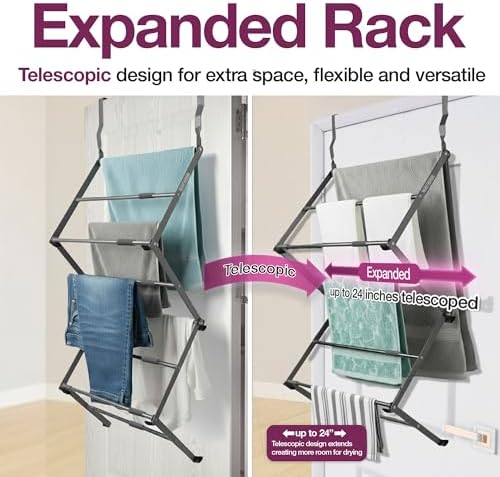 BLACK+DECKER Over The Door Expandable Telescopic Drying Rack, Clothes Organizer, Towel Hanger, Laundry, Collapsible, Gray - Image 5