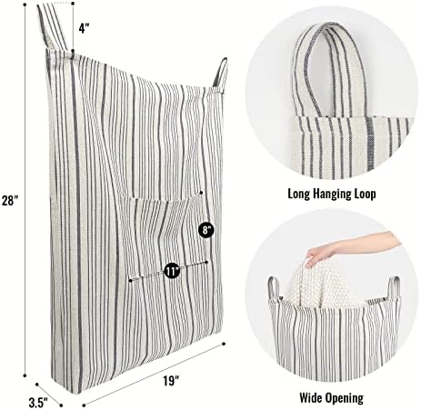 AELS Farmhouse Hanging Laundry Hamper with 2 Hooks, Washable Beige & Stripes Laundry Bag with Zipper & Wide Open Top, Over the Door Organizer for Dirty Clothes, Space Saving Storage - Image 4