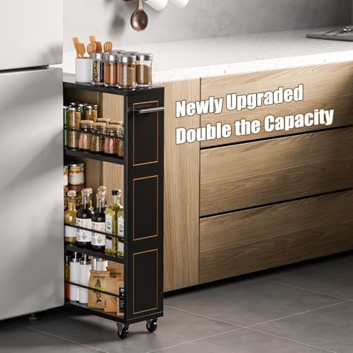 KLM 4 Tier Black Slim Storage Cart with Handle, Slide Out Storage Rolling Utility Cart for Kitchen, Laundry, Narrow Places-6.7" W - Image 2
