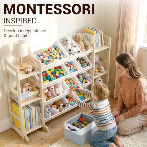 Kiddocood Kids Toy Storage Organizer with 12 Bins, 100% Solid Wood - Natural Finish Montessori Toy Organizer, BPA Free, CPC & TIC Certified Playroom Organization for Living Room & Nursery, 52.3" - Image 2
