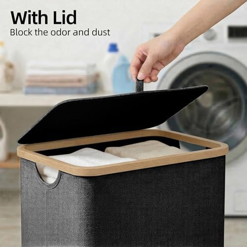 efluky Slim Laundry Hamper with Lid and Removable Bag, 65L Black - Image 2