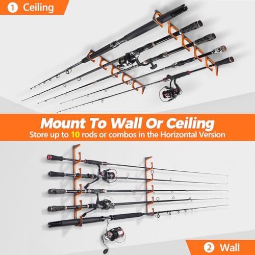 PLUSINNO H5 Horizontal Fishing Rod/Pole Holders for Garage, Wall Ceiling Mounted Fishing Rod Holder, Aviation Aluminum Fishing rod rack Holds up to 5/10/20 Rod or Combos Fishing Gear and Gifts for Men - Image 5