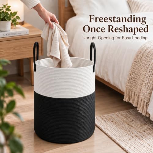 JMvicyroam 100L Cotton Rope Laundry Basket Hamper, White and Black - Image 4