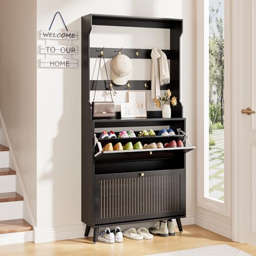 Fsbecl Shoe Storage Cabinet with 2 Fluted Flip Drawers & Coat Rack, Black - Image 7