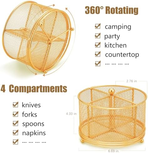 DysanVica 360° Rotating Metal Utensil Caddy - 4 Compartment Silverware Cutlery Holder Rotation Fork Spoon Napkin Organizer Flatware Storage Basket Party Countertop Buffet Picnic Camping Outdoor Gold - Image 2