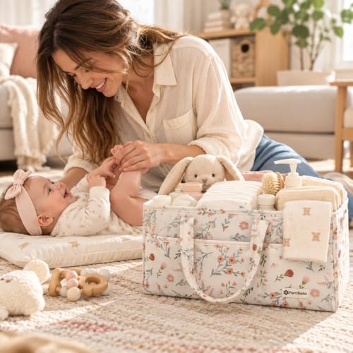 PeraBella Baby Diaper Caddy Organizer, Floral Baby Basket Shower Gift, Nursery Organizer Basket Newborn Boy & Girl Essential Items, Changing Table Organizer Caddy for Baby Stuff, Car Caddy- Wildflower - Image 2