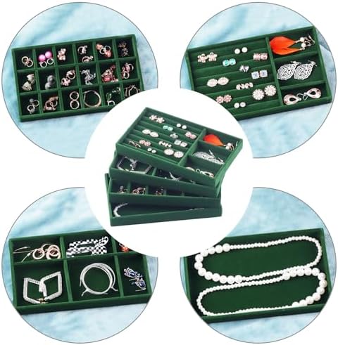 Jewelry Trays for Drawers, Set of 8 Stackable Velvet Jewelry Tray Inserts for Rings, Earrings, Necklaces, Bracelets – Fits Most Dresser/Closet Drawers, Non‑Slip Lined, Green - Image 6